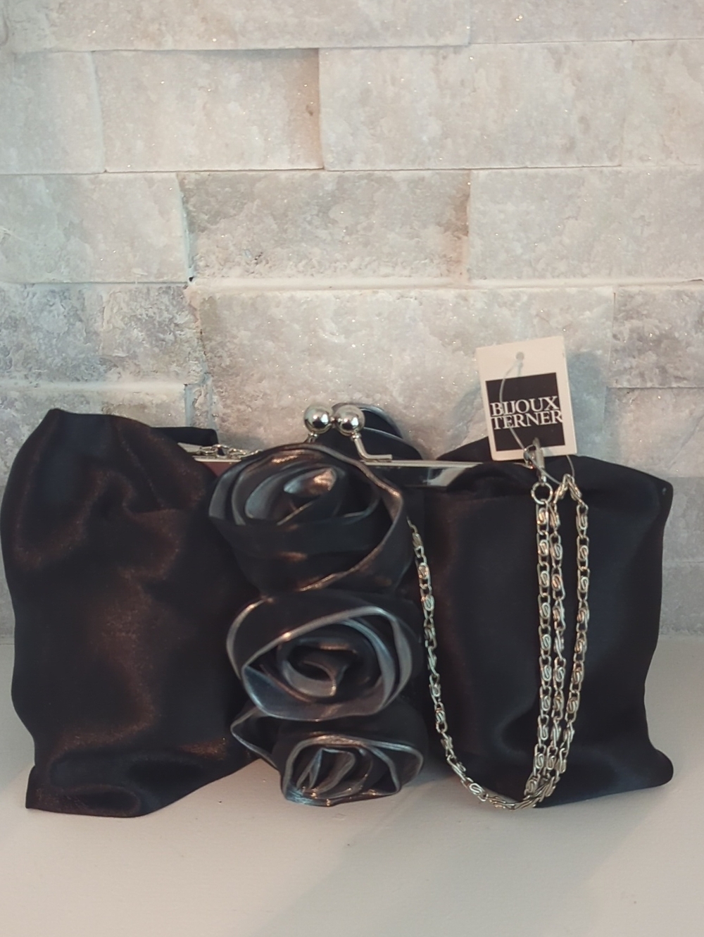 Bijoux Terner Black Satin Rosette Evening Clutch with Chain